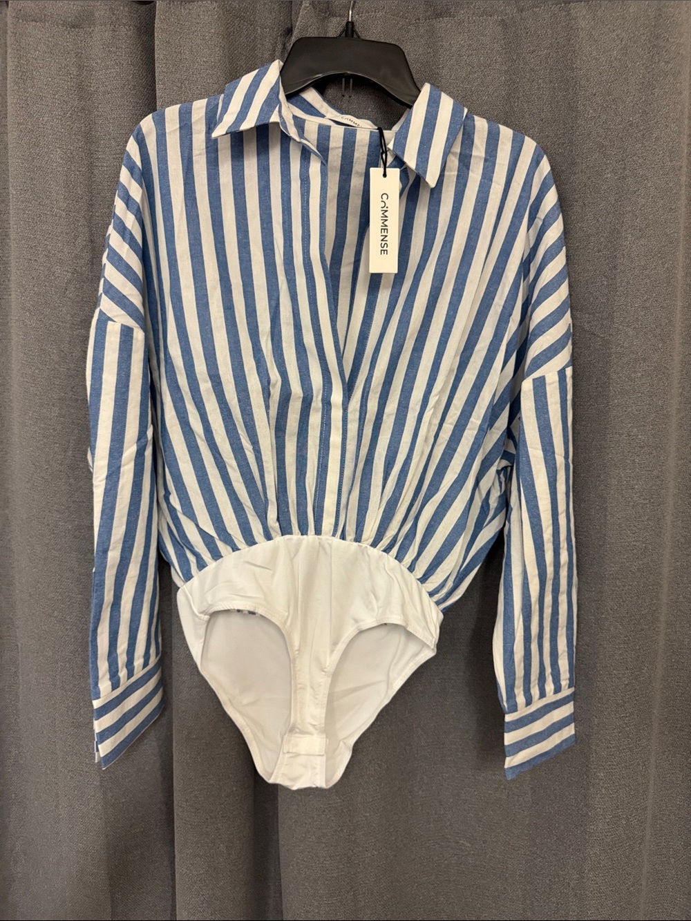 Commense Blue & White Striped Button-Up Bodysuit